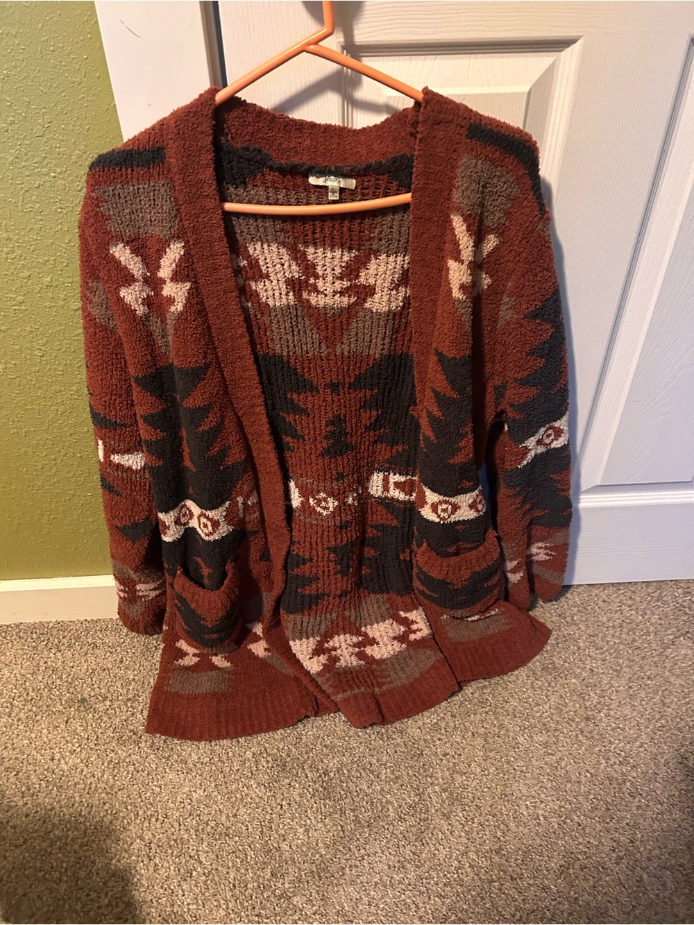 JODIFL Rust Aztec Open-Front Knit Cardigan with Black & Cream Accents
